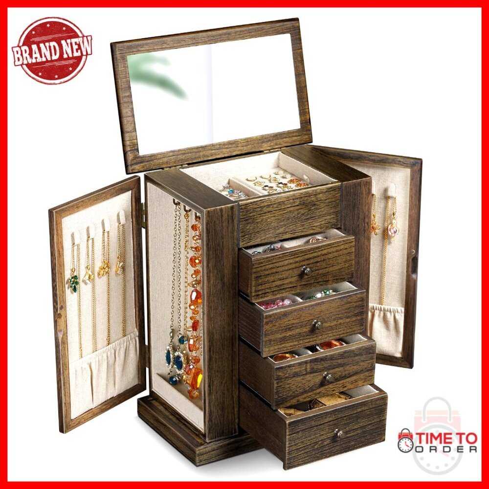 Large Wood Jewelry Box Organizer with Mirror Vintage Rustic 5 Layer Drawers